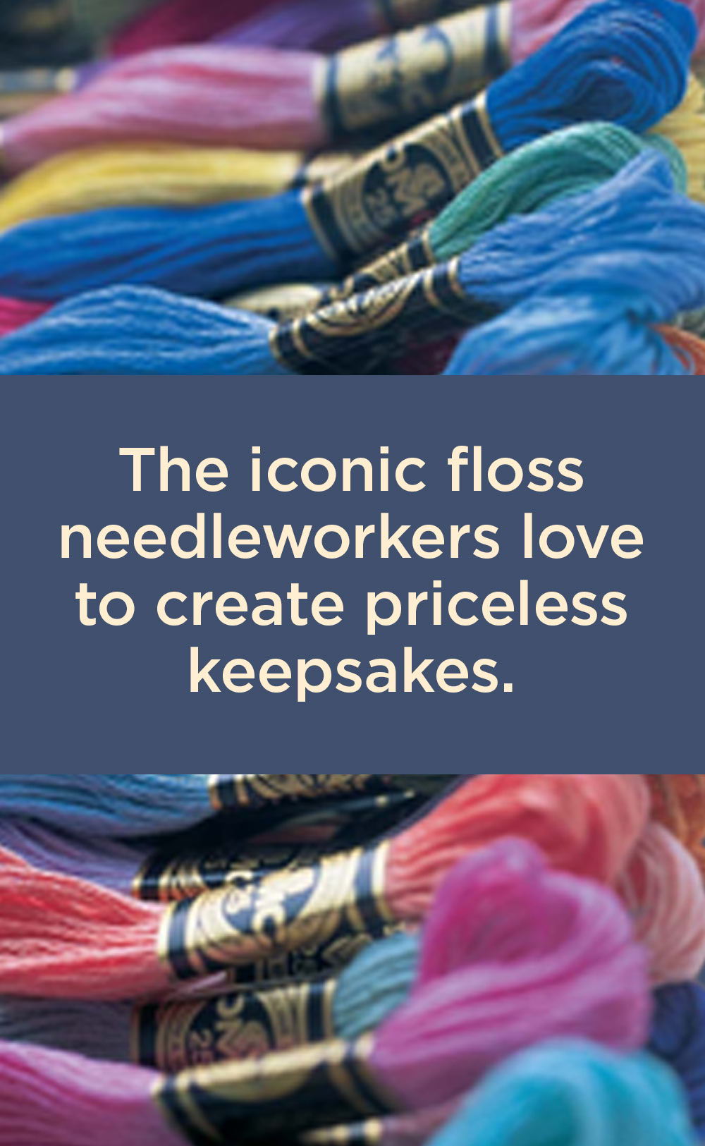 Colorful embroidery floss spools for needlework and crafting projects.