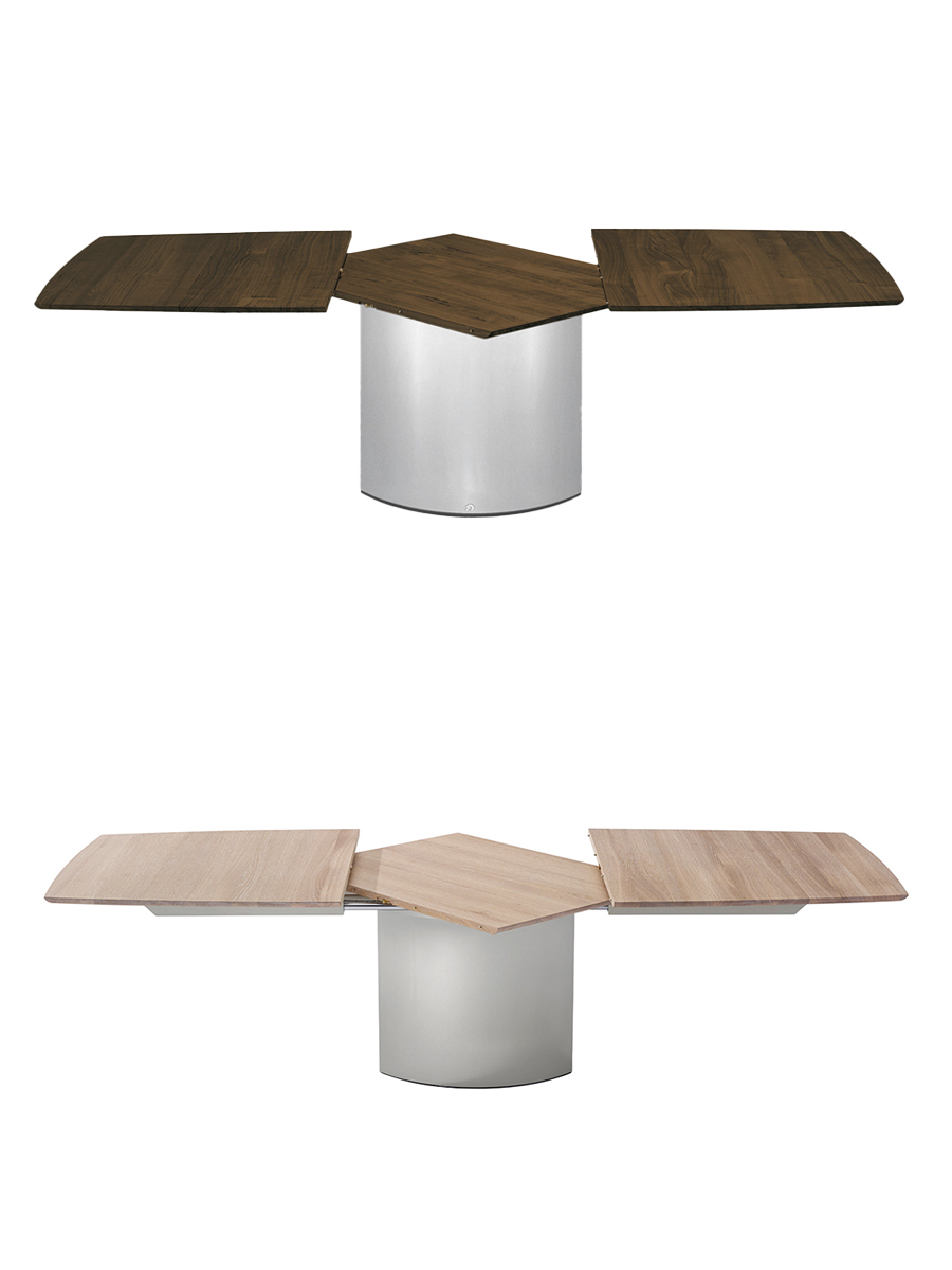 Two modern Adler Extendable tables by Draenert with expanding wooden tops and cylindrical bases.