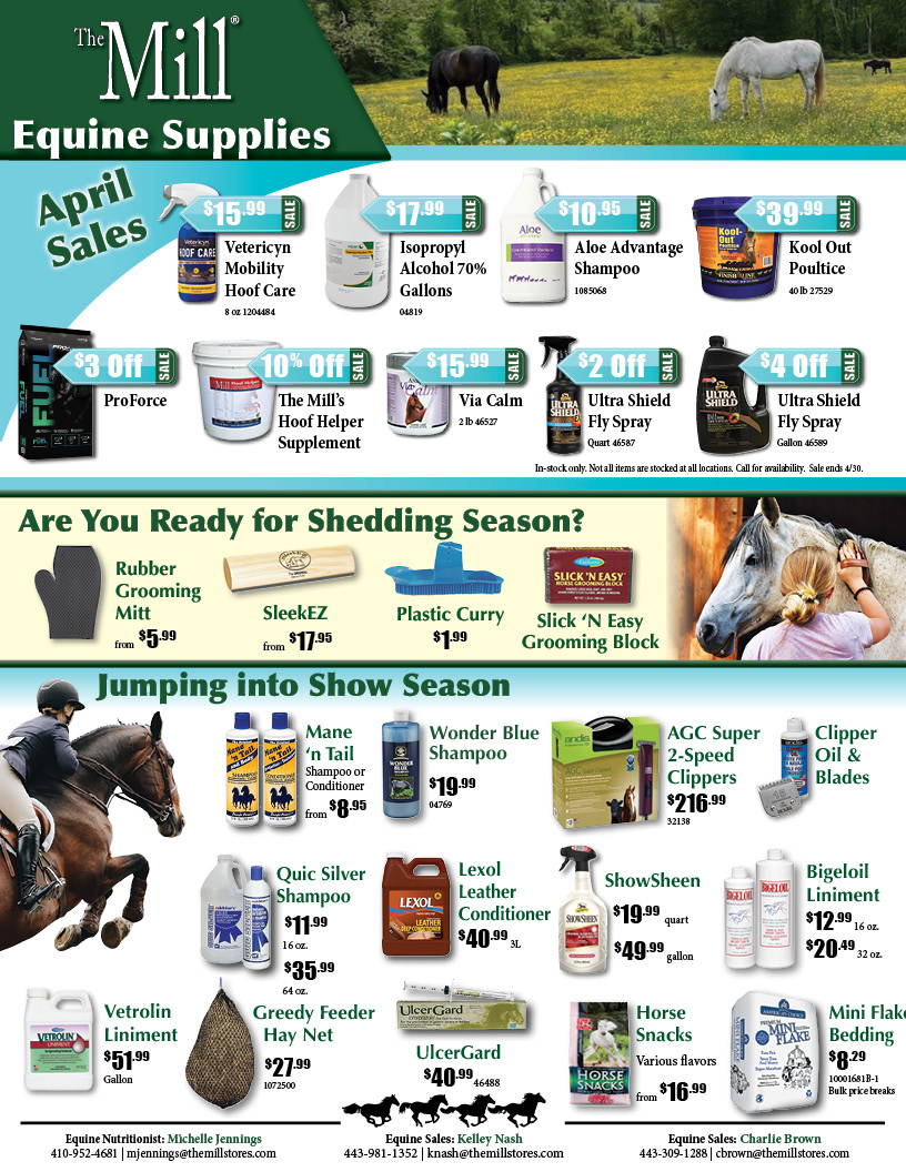 April equine & horse circular page with monthly sales and timely products