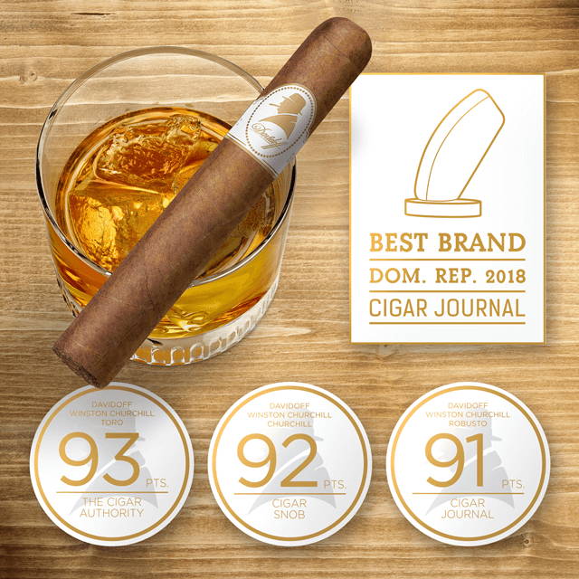 Davidoff Winston Churchill The Original Series cigar resting on filled glass. Various awards - 93, 92 and 91 points, also Best Brand Dominican Republic 2018 in Cigar Journal.