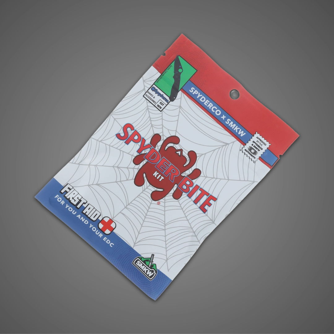 Spider-themed product packaging on a gray background.