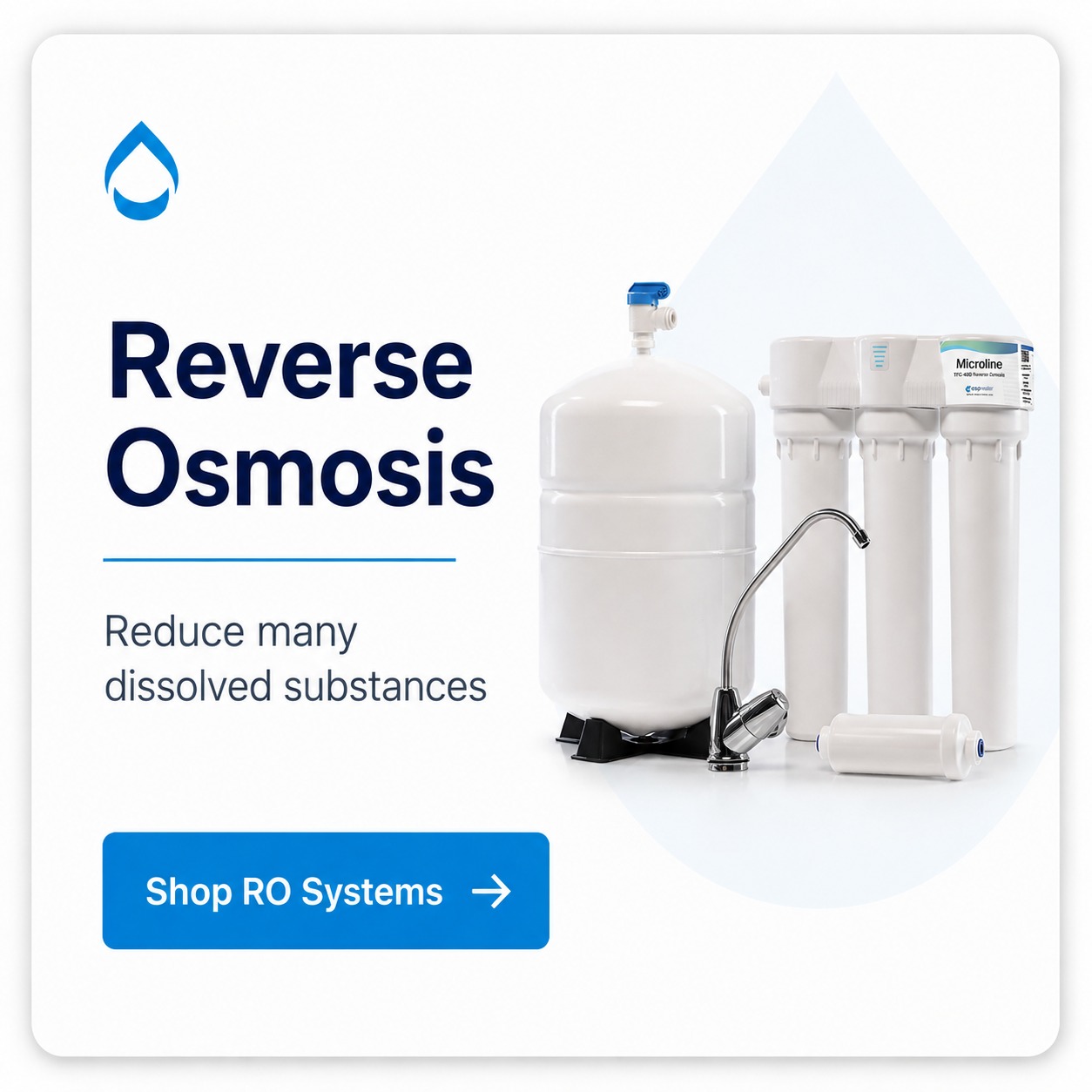 Reverse osmosis system with a tank and filtration components.