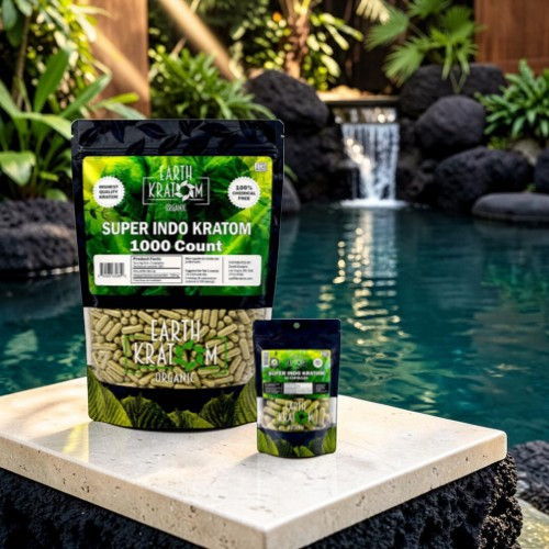 Super Indo Kratom packaging on a stone surface near a pool.