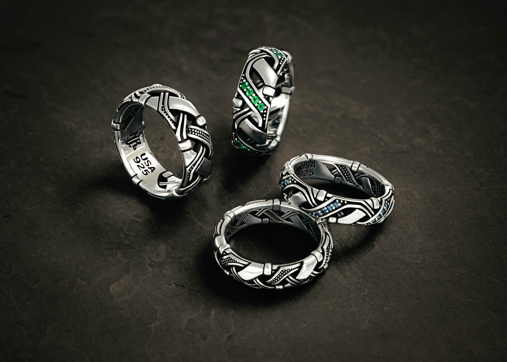 Valhalla Band - Shown in 6.5mm and 8.5mm Sterling Silver variants, with and without gemstones