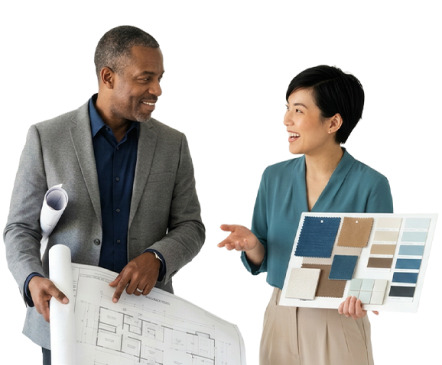 Two professionals discussing design plans and materials.