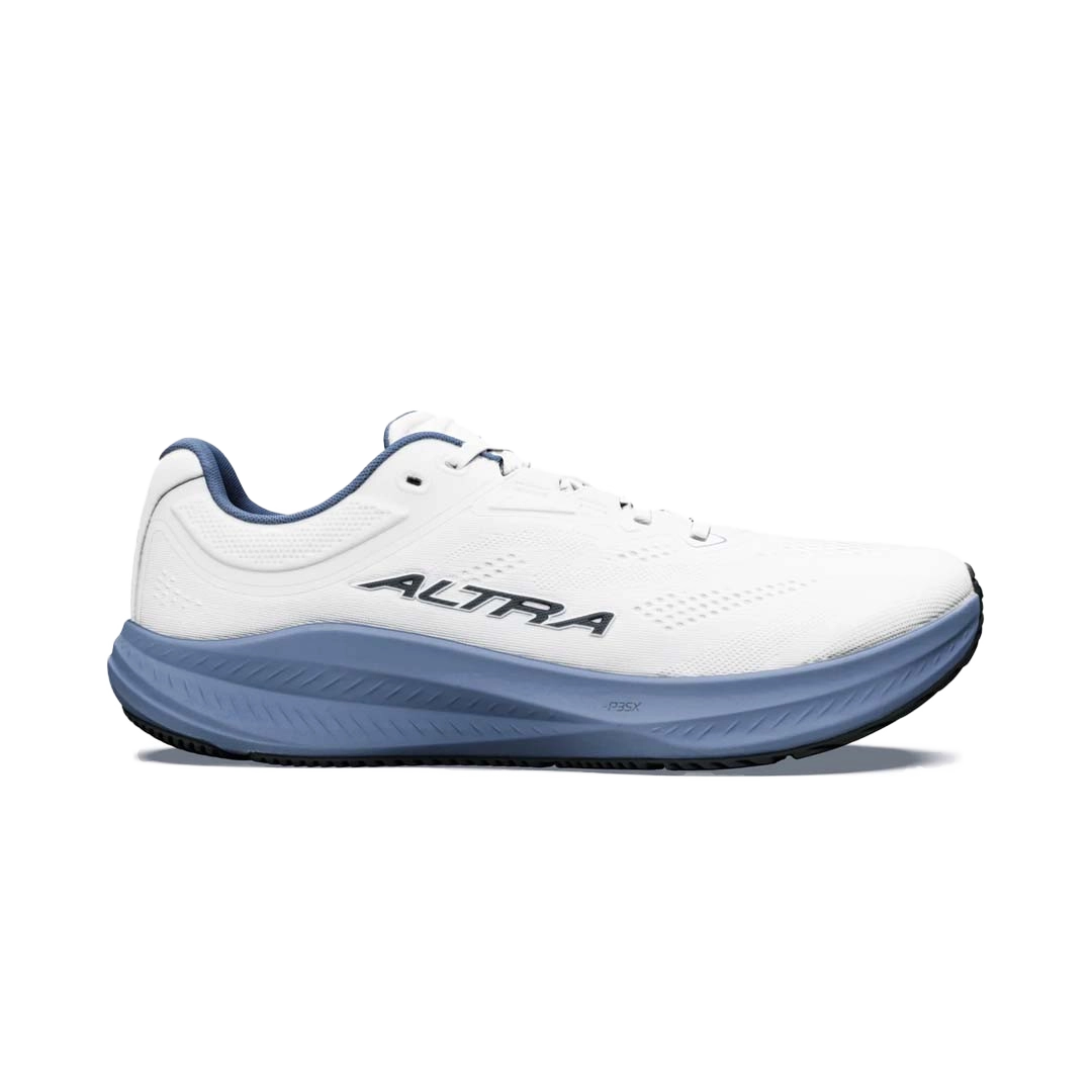 White running shoe with blue accents and 