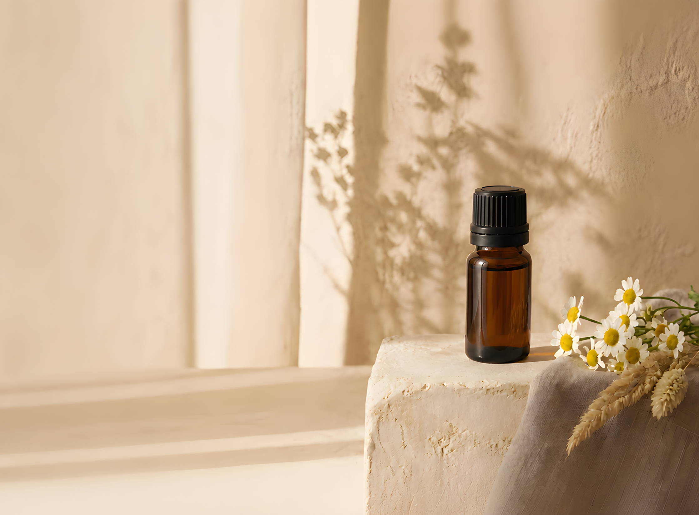 Aromatic oil bottle next to flowers on a soft surface.