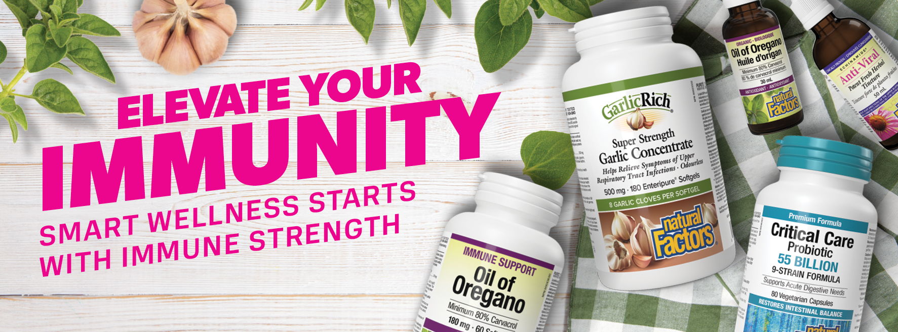 Bottles of supplements with text promoting immune health and wellness.