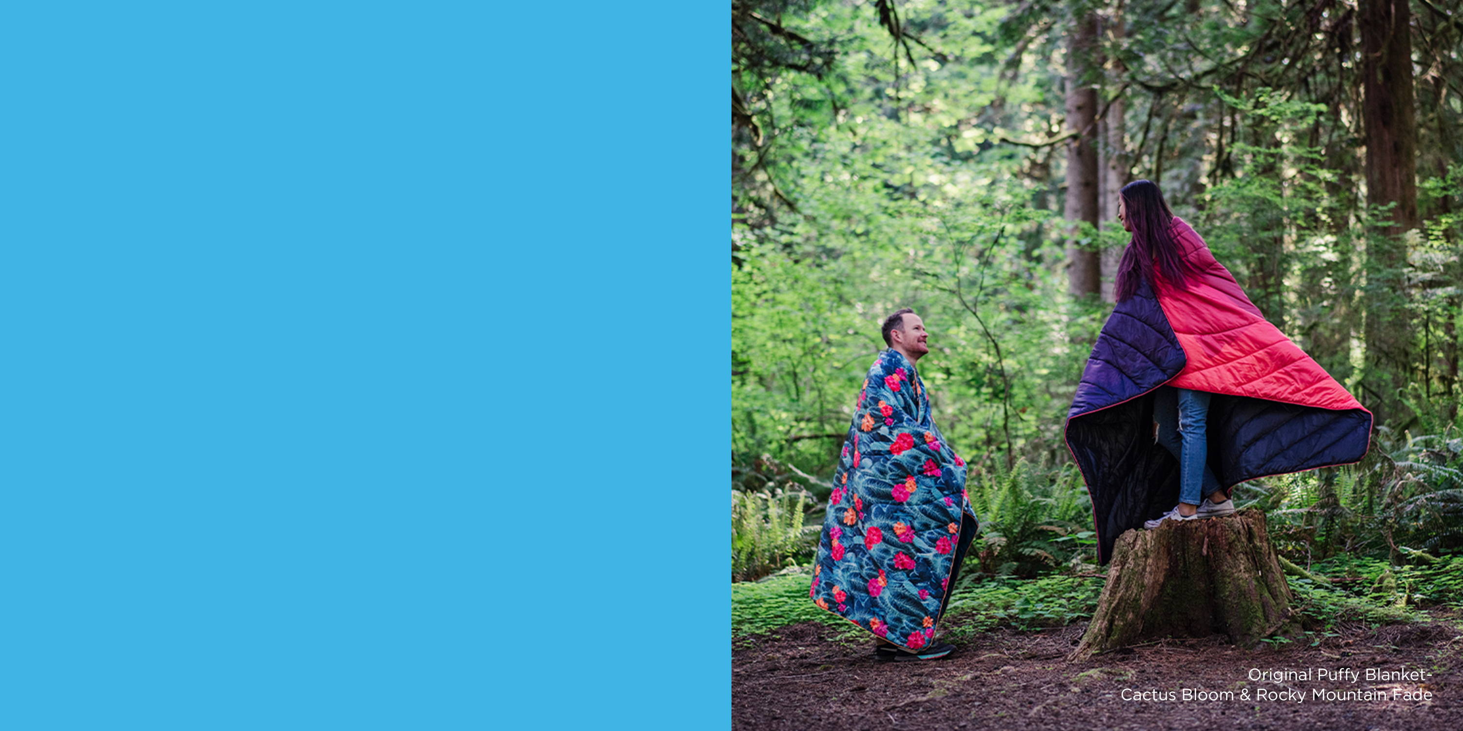 Two people wearing Rumpl blankets in forest