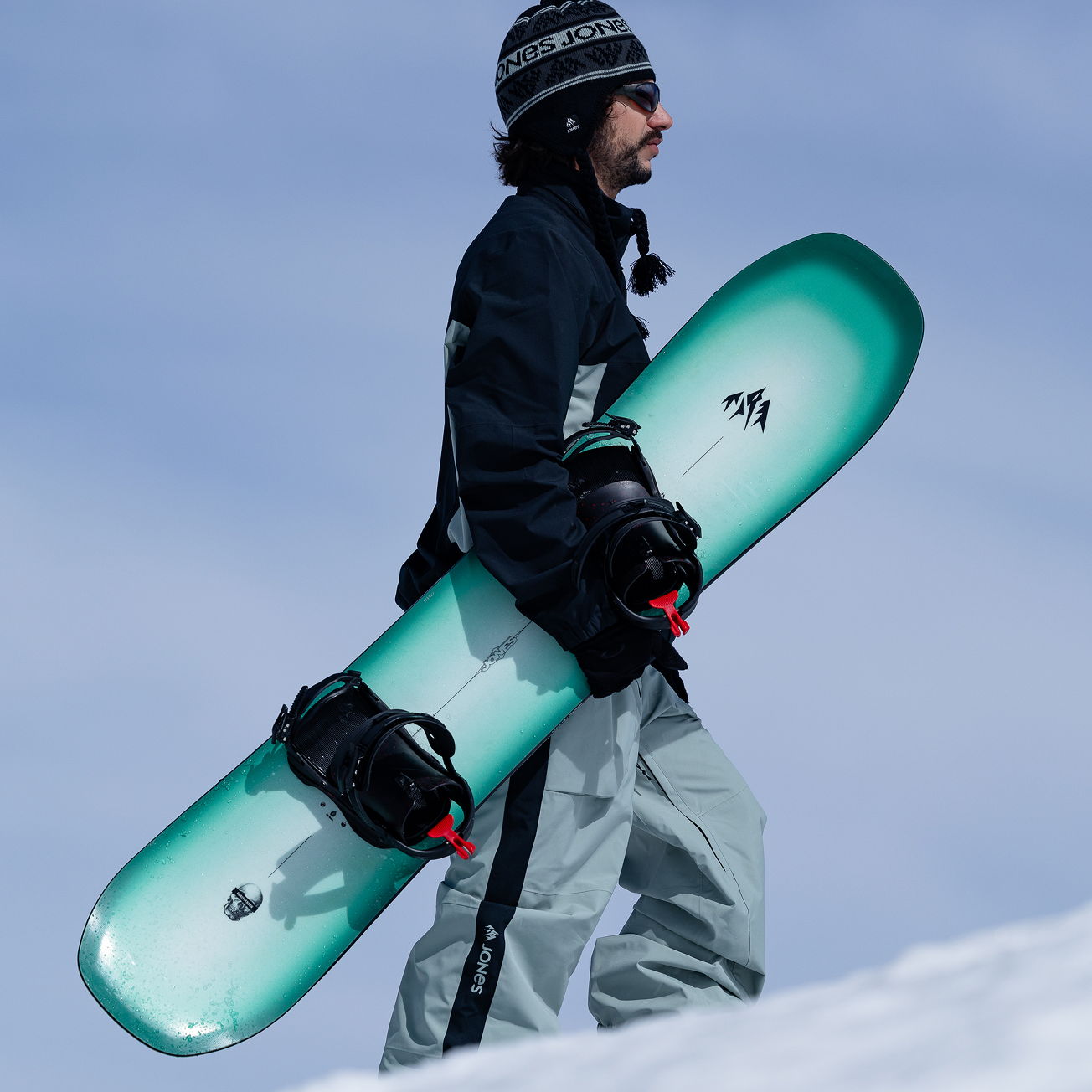 Person walking on snow with a snowboard under clear skies.