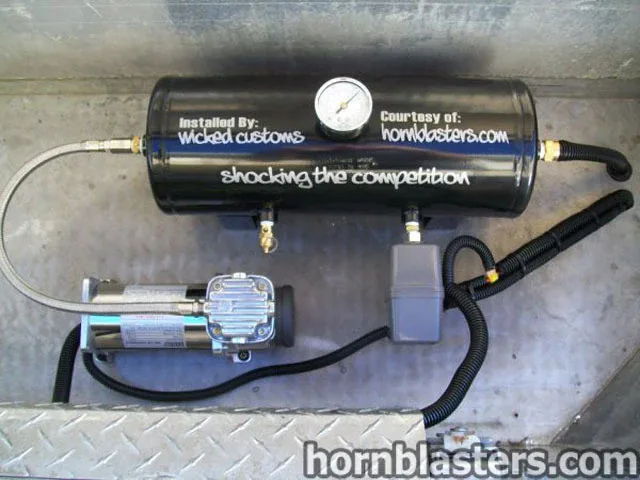 Black air tank chrome compressor pressure gauge Wicked Customs hornblasters.com shocking the competition diamond plate Wicked Customs Tacoma 232 gallery photo 2