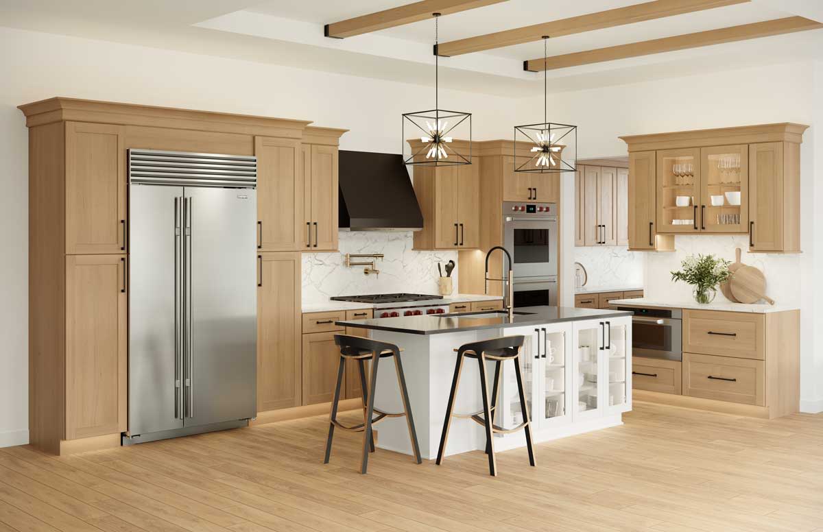 kitchen with wood tone cabinets and white center island