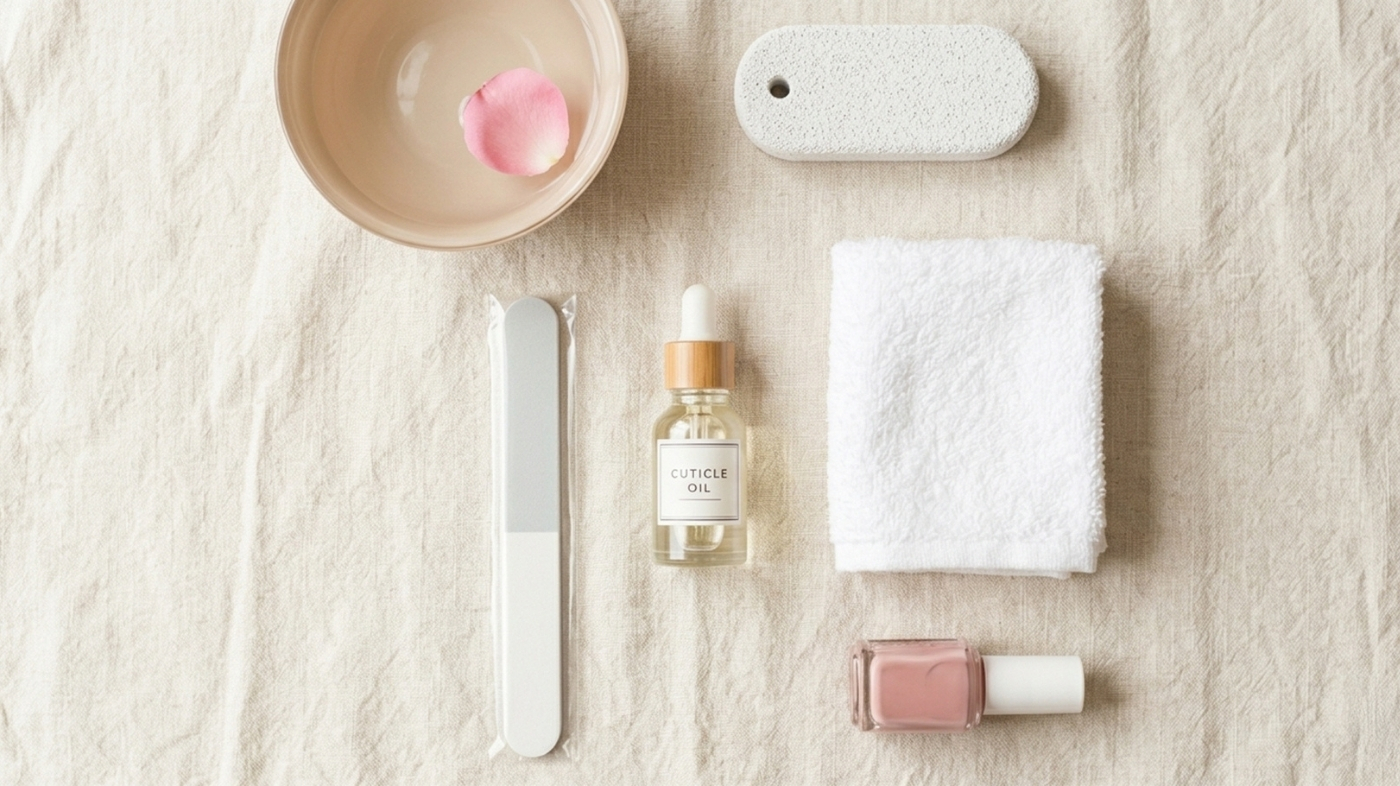 Flat lay of a clean at-home pedicure kit including pumice stone cuticle oil nail file and a soft pink polish on a cream linen surface