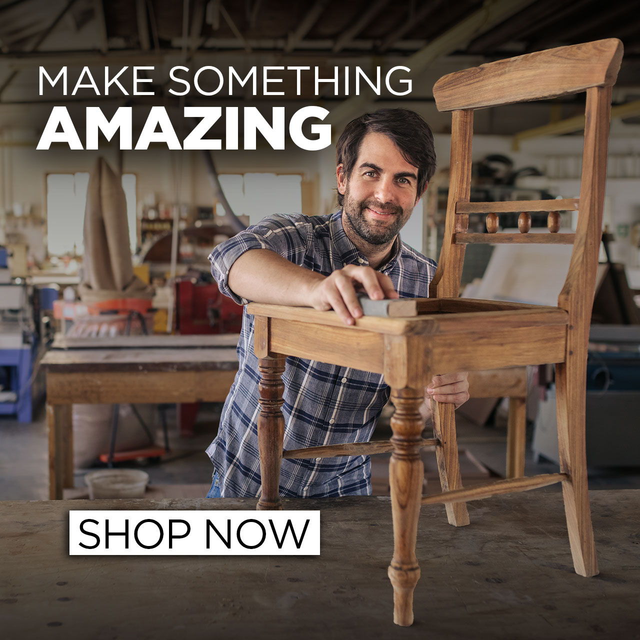 Man working on a wooden chair in a workshop, with promotional text.