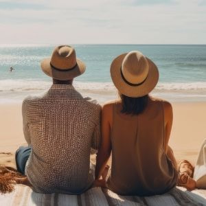 A couple sitting on the beach, enjoying the ocean view.