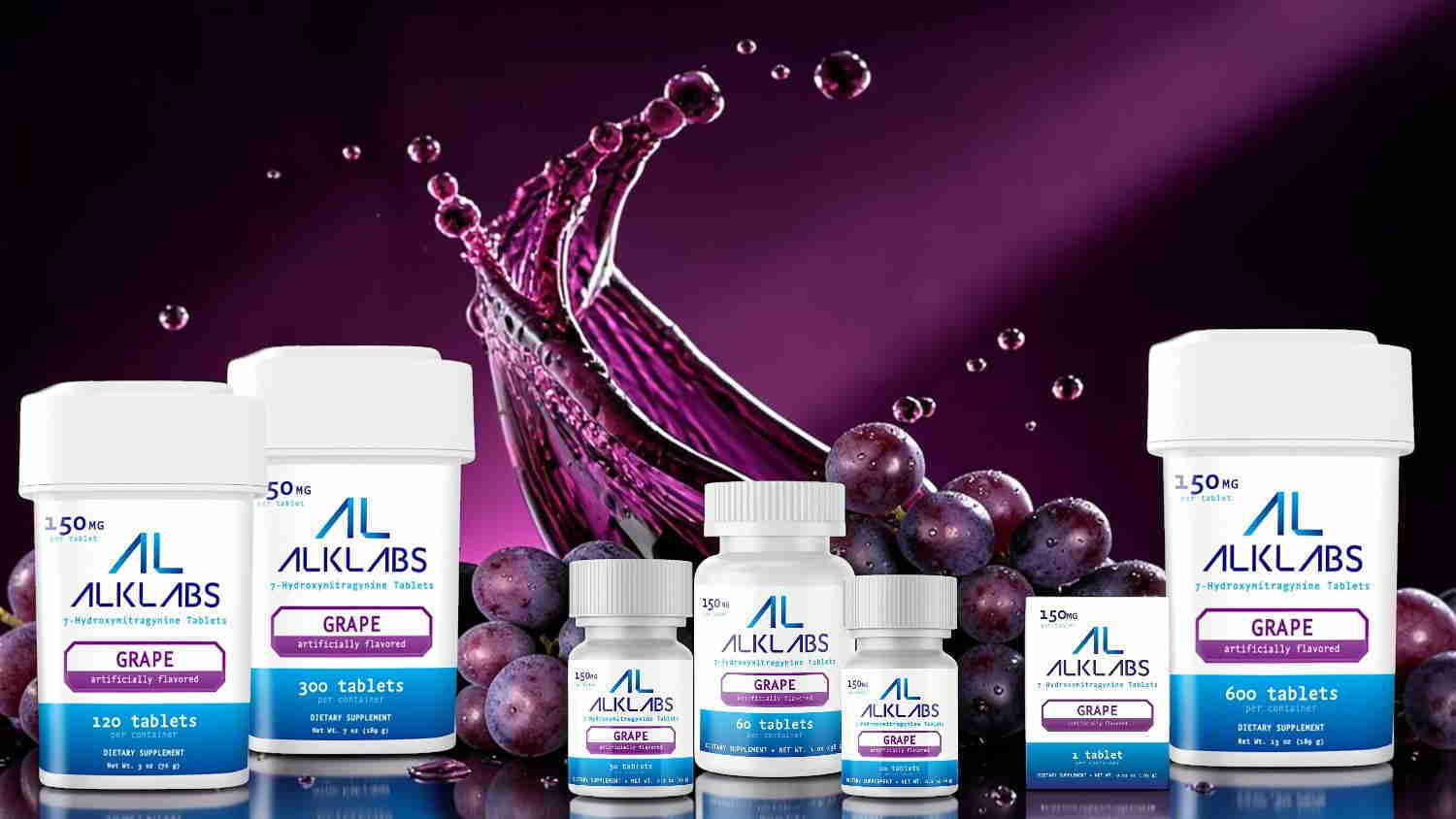 Various health supplement bottles with a purple background and splashing liquid.
