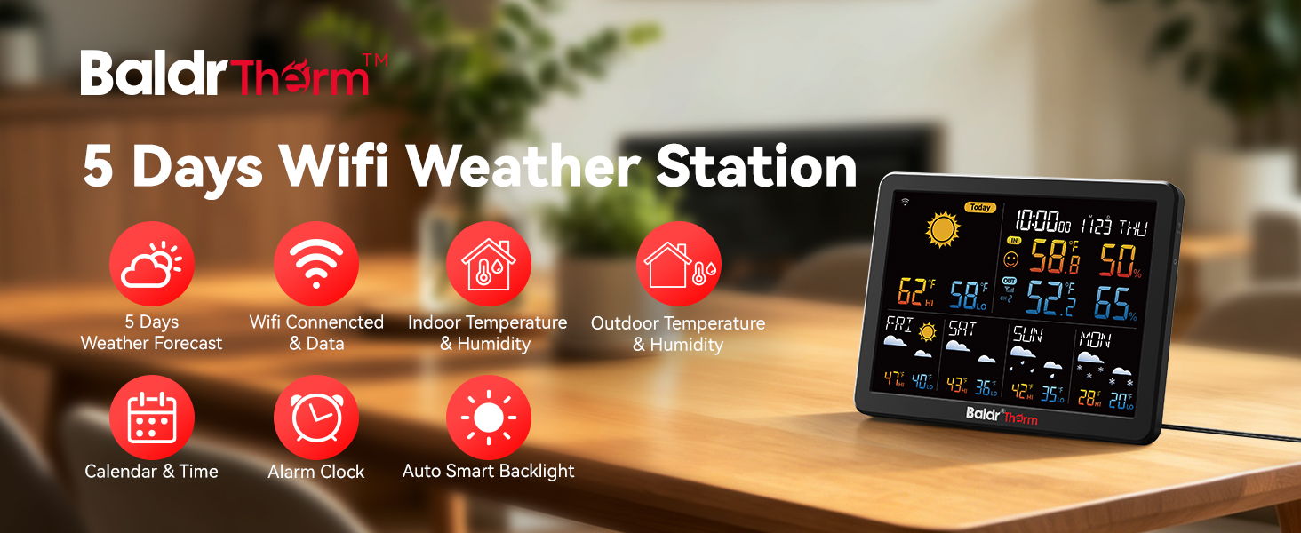 5 Days WiFi Weather Station on a wooden table with weather icons.