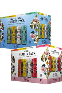 Two variety packs of flavored cocktails and vodka drinks in colorful packaging.