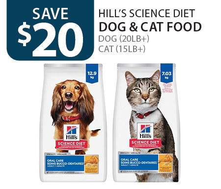 $20 off Hill's Science Diet dog (20lb+) and cat (15lb+) food