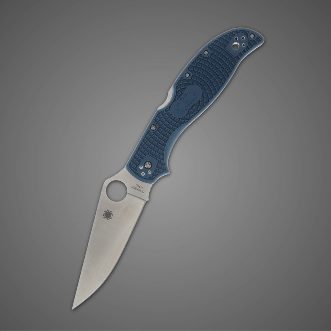 A folding knife with a blue handle and a stainless steel blade.