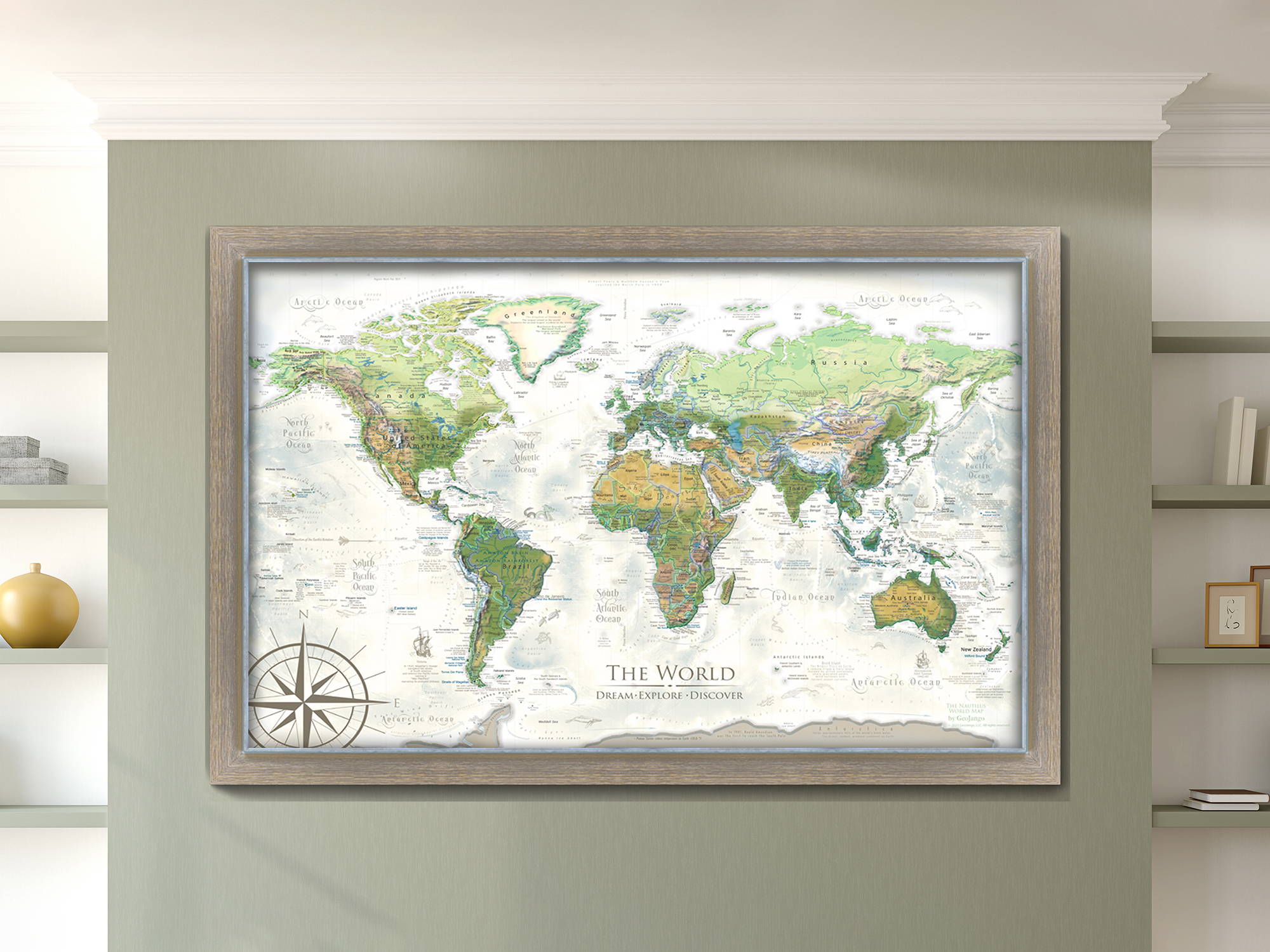 High-quality framed world map for pinning locations