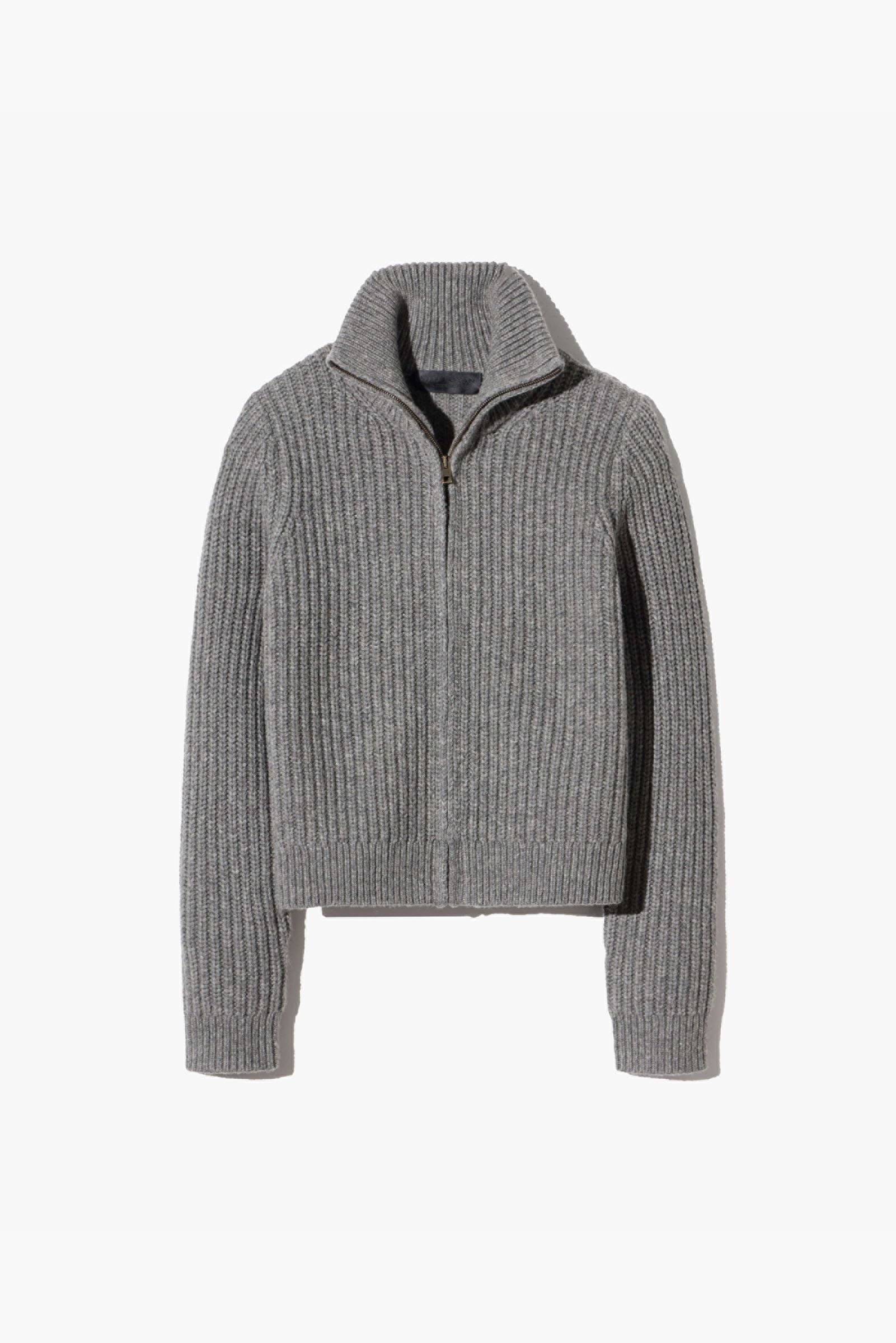 Gray zip-up sweater with a collar and ribbed texture.
