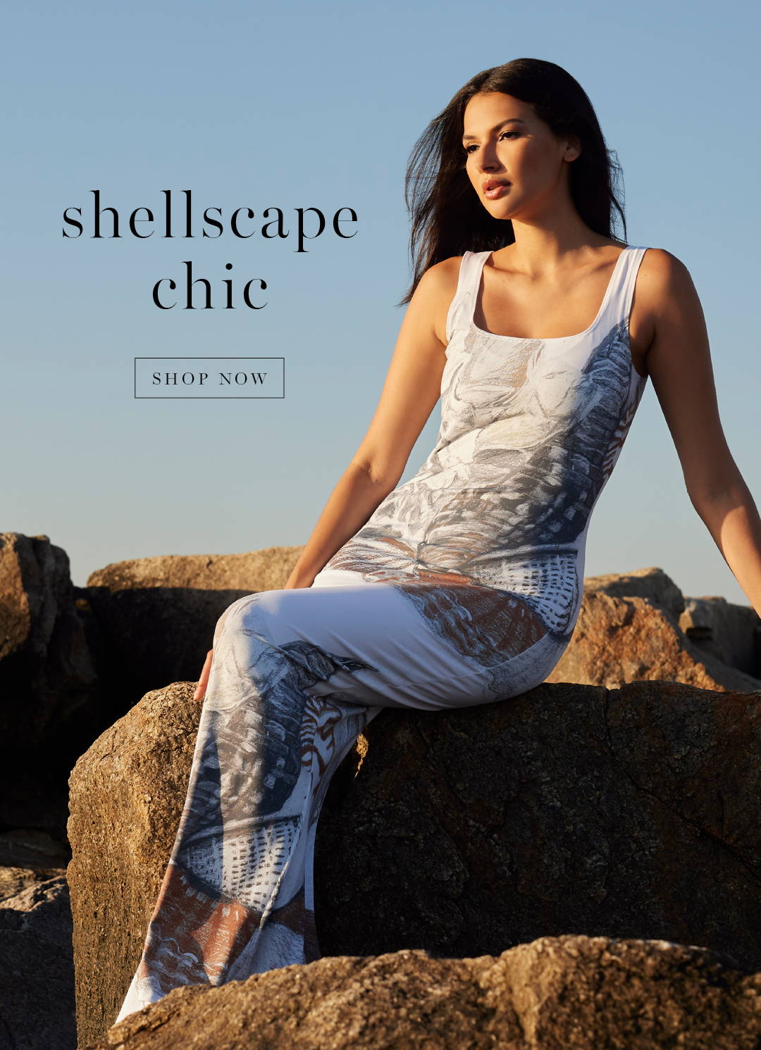 Shellscape Chic | Woman wearing shell printed stretch knit dress by Ala von Auersperg