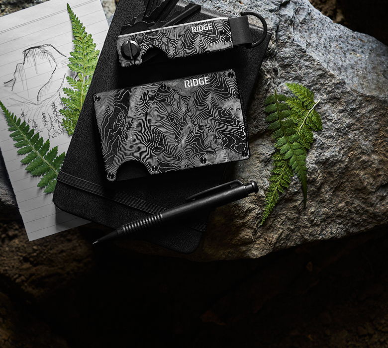 A wallet, pen, and sketch on a stone with ferns.
