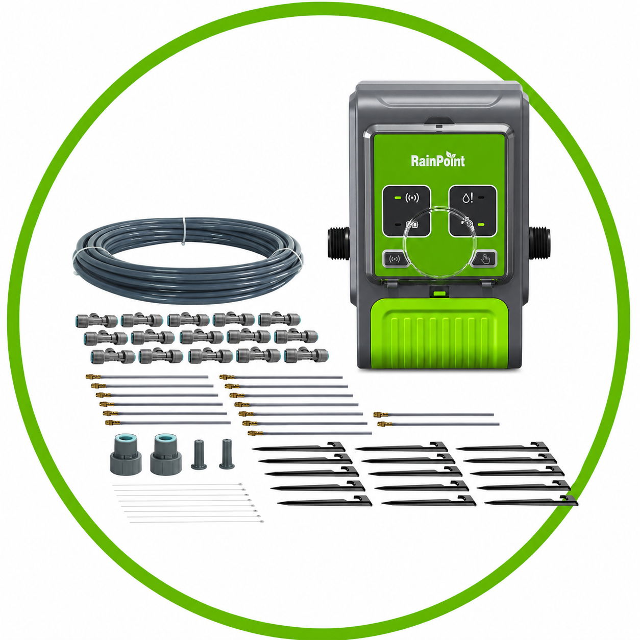 Irrigation system components including controller, tubing, and connectors.