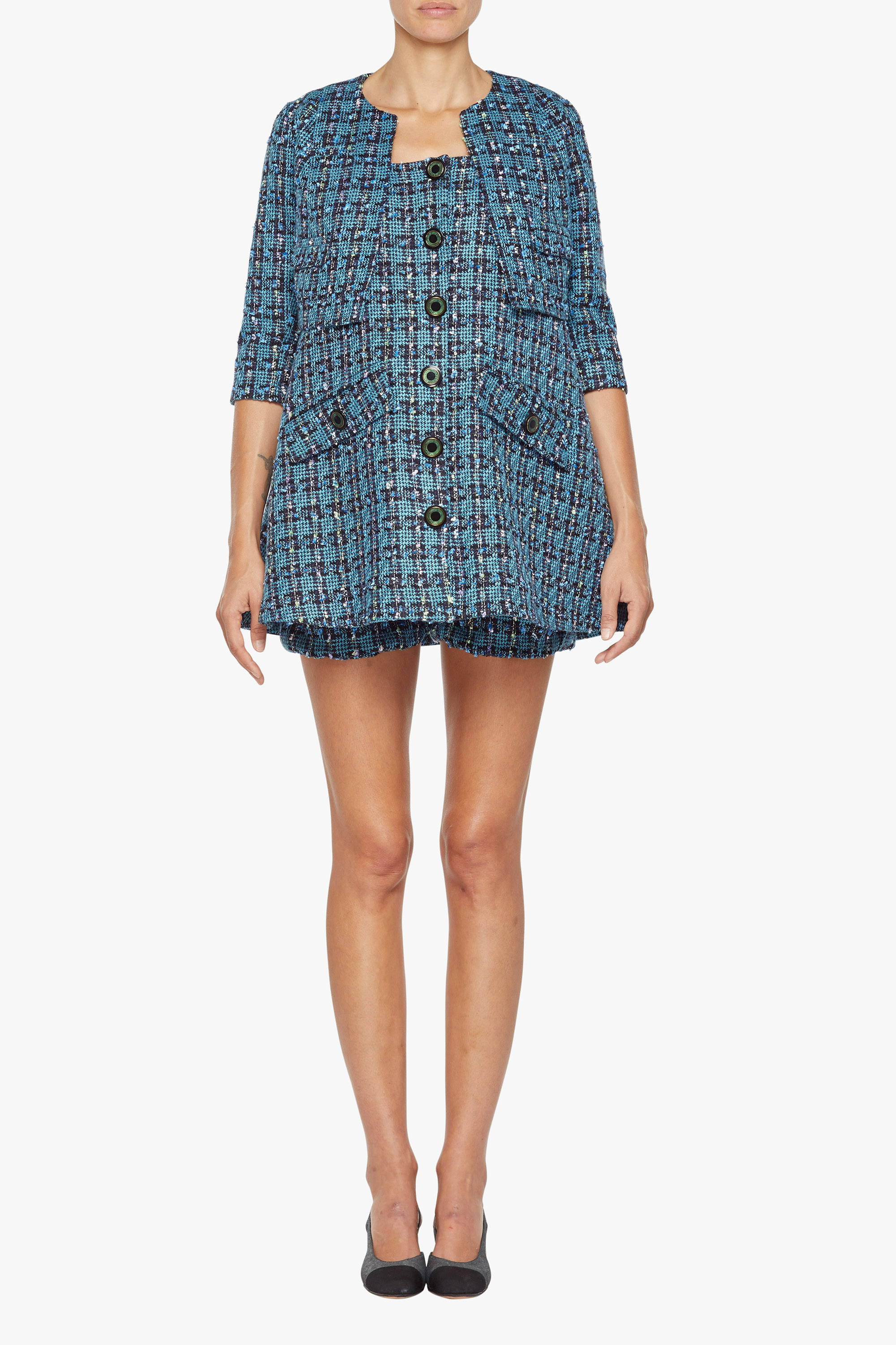 The maternity friendly Beverly dress & jacket in blue purple boucle