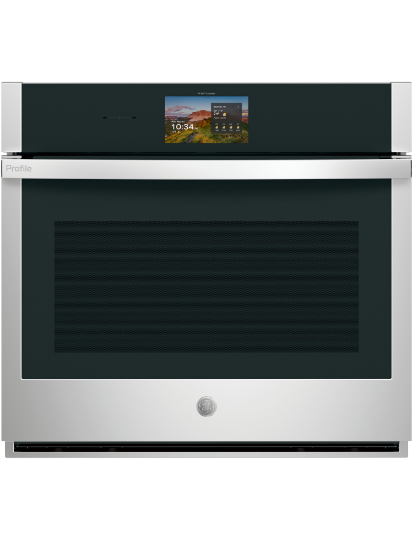 A modern kitchen oven with a digital display and stainless steel finish.