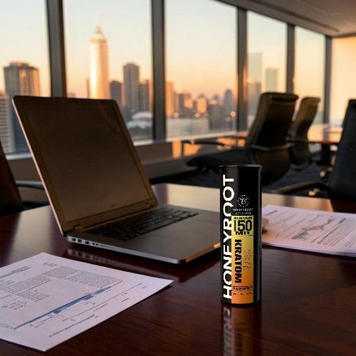 Laptop and HONEYPOT product on a conference table with city skyline view.