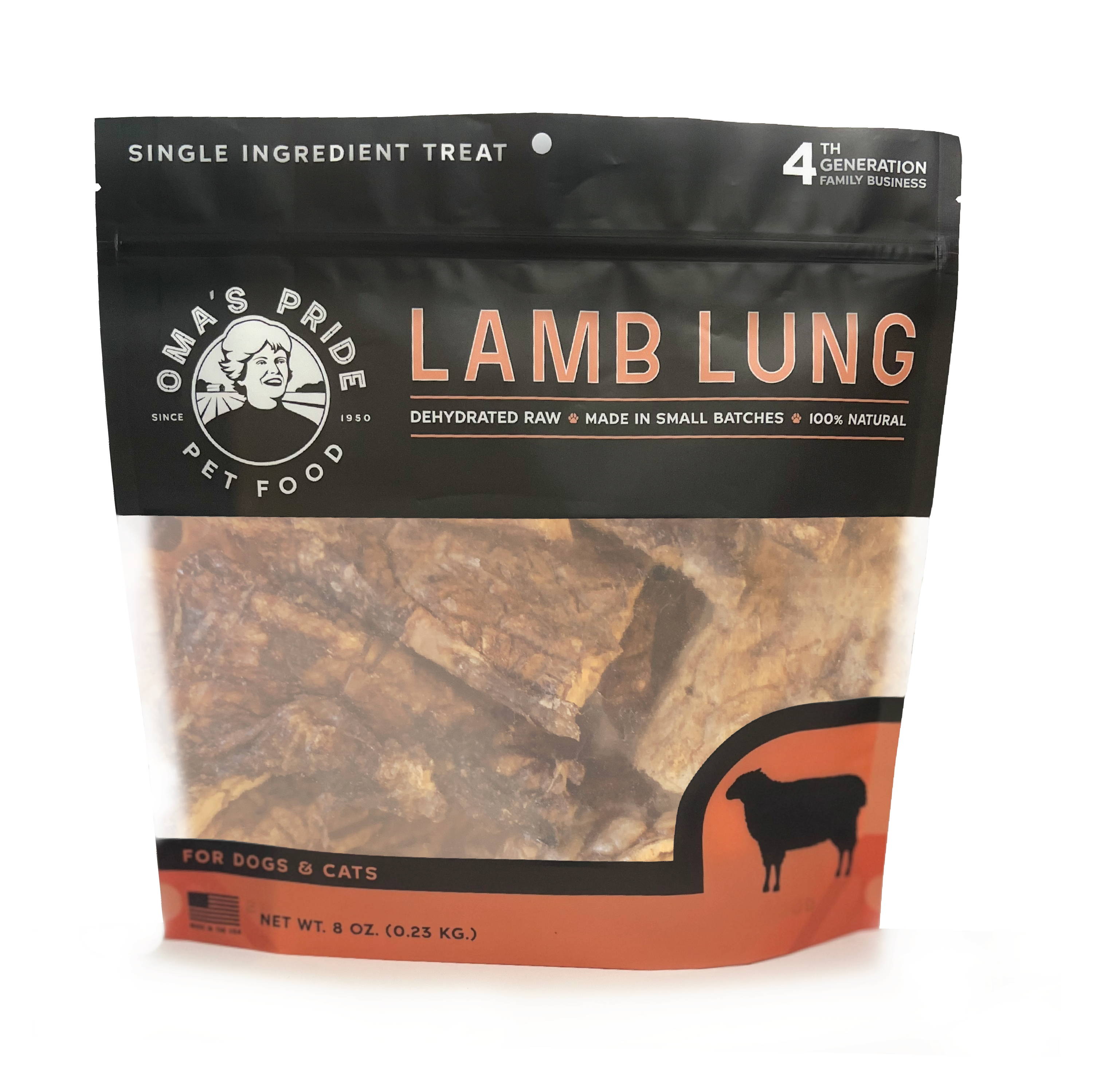 Oma's Pride 8 oz lamb lung product bag.