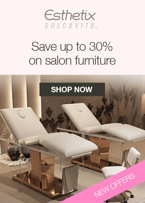 Promotional image for salon furniture sale with massage tables and discount text.