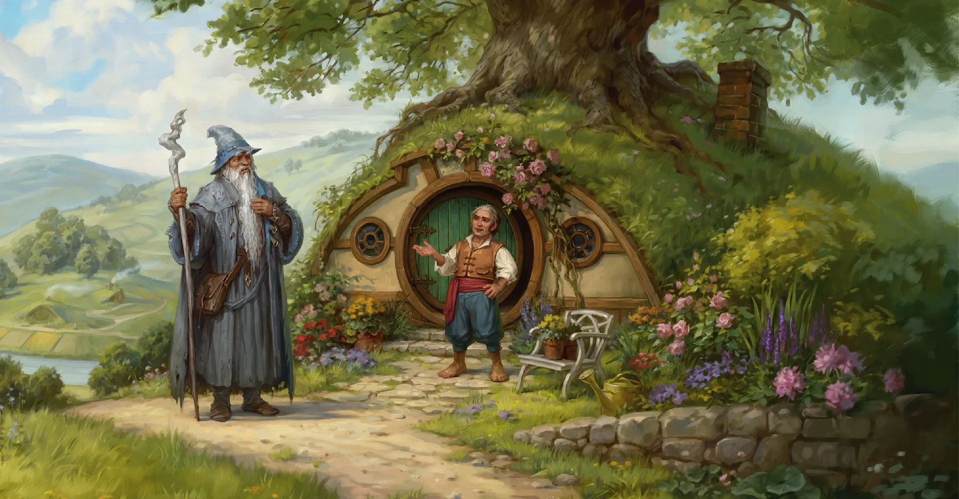 mtg the hobbit spoiler - A wizard and a hobbit near a cozy hobbit hole in nature.