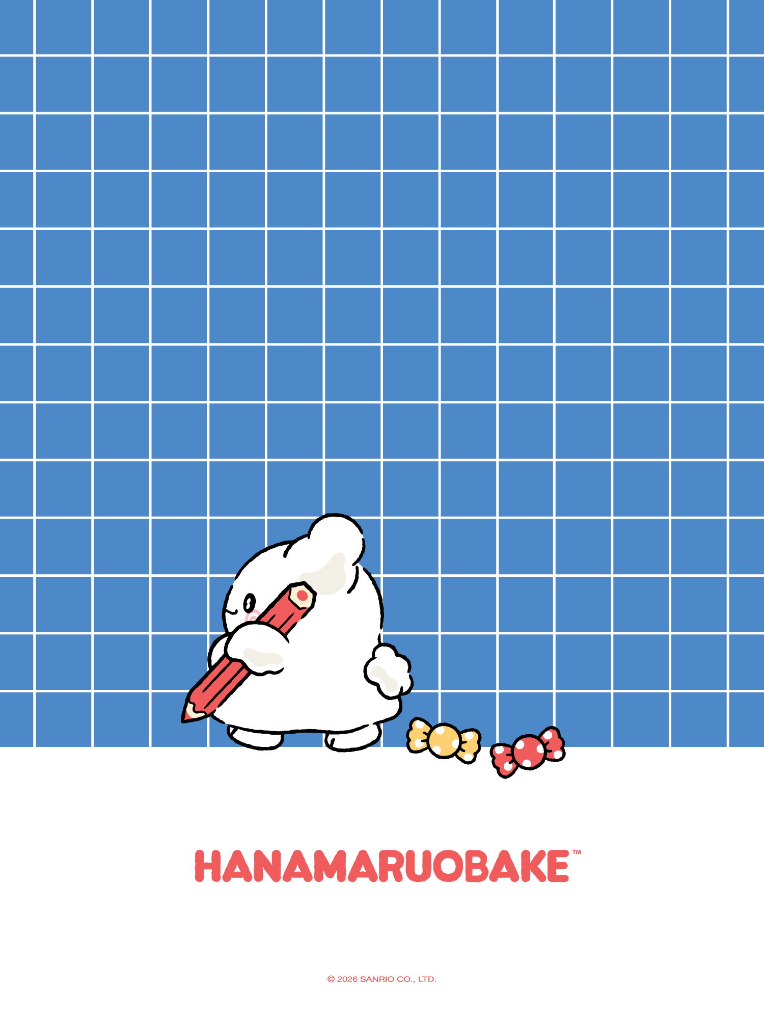 Cartoon character holding a red object on a blue grid background with 'HANAMARUOBAKE' text.