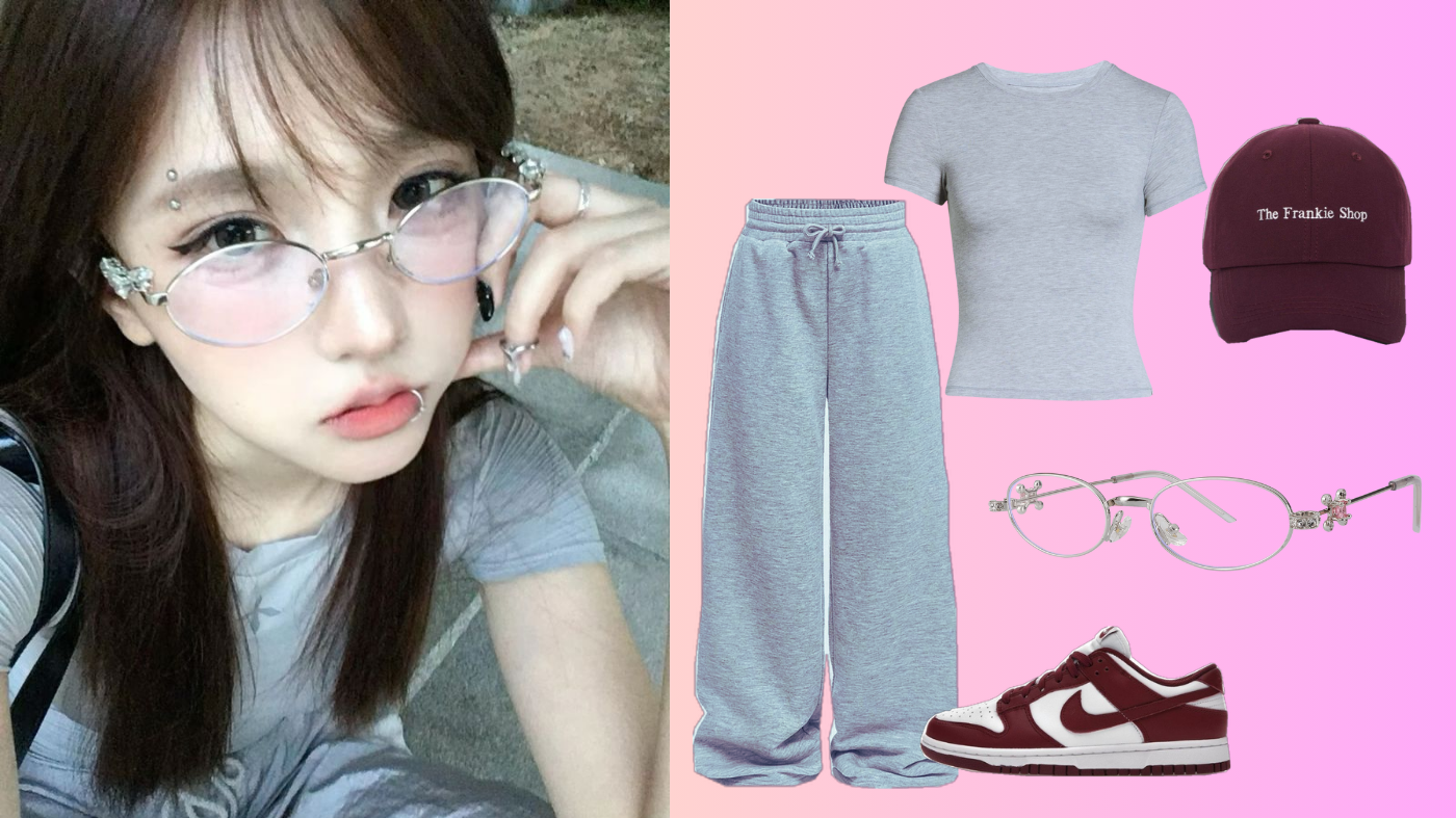 Model wearing EyeCandys prescription reading glasses with outfit breakdown, stylish everyday fashion and blue light eyewear look