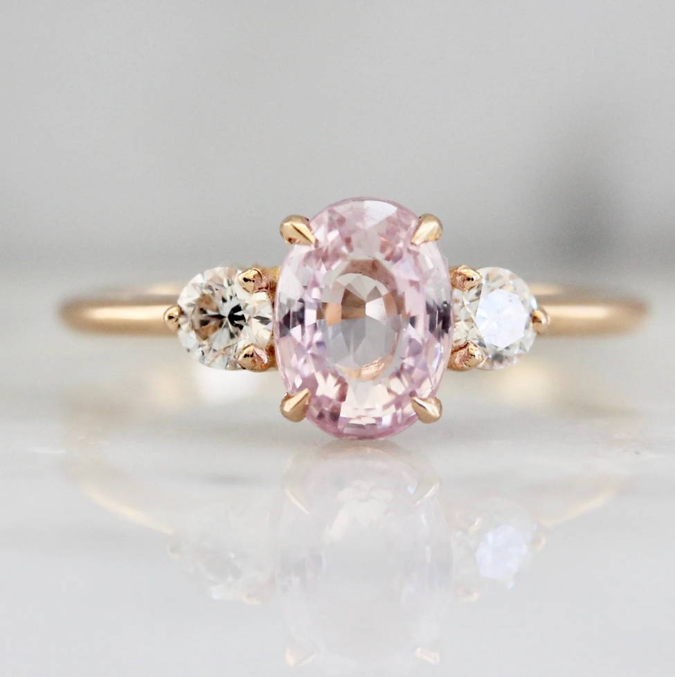 Pink Oval Cut Three Stone Sapphire Ring