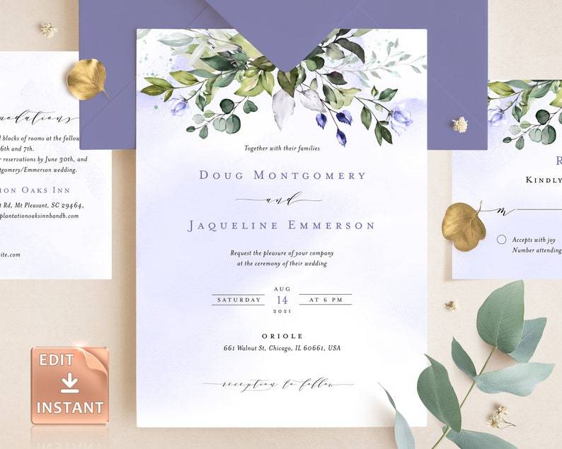 Violet floral wedding invitations