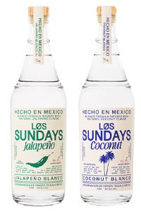 Two bottles of Los Sundays liquor: Jalapeño and Coconut variants.