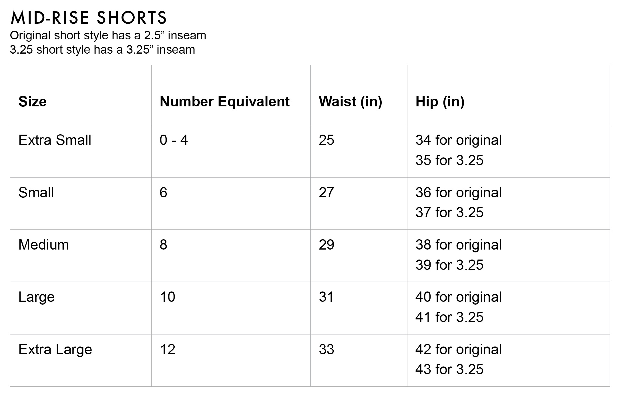 FLEO Mid Rise Shorts Size Chart