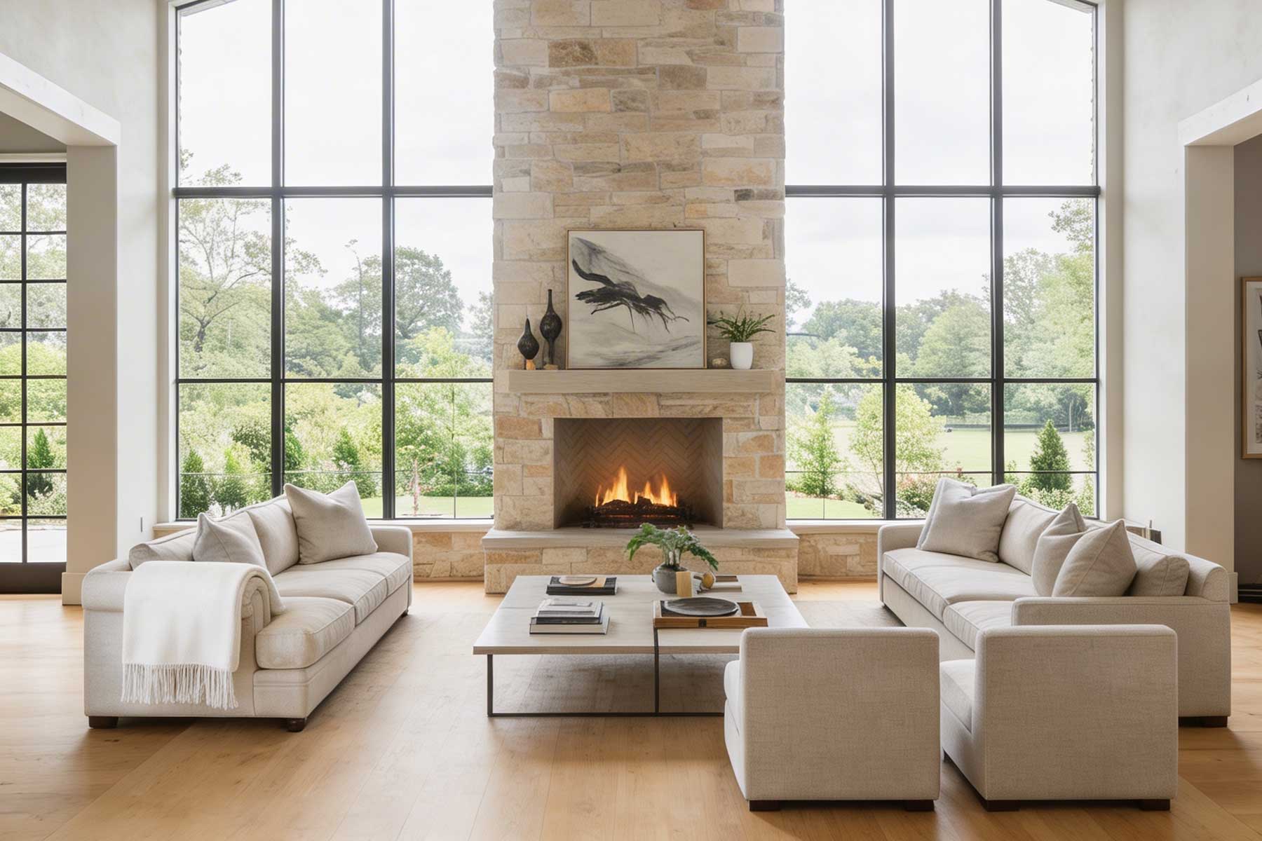 Modern living room with large windows, fireplace, and comfortable seating.
