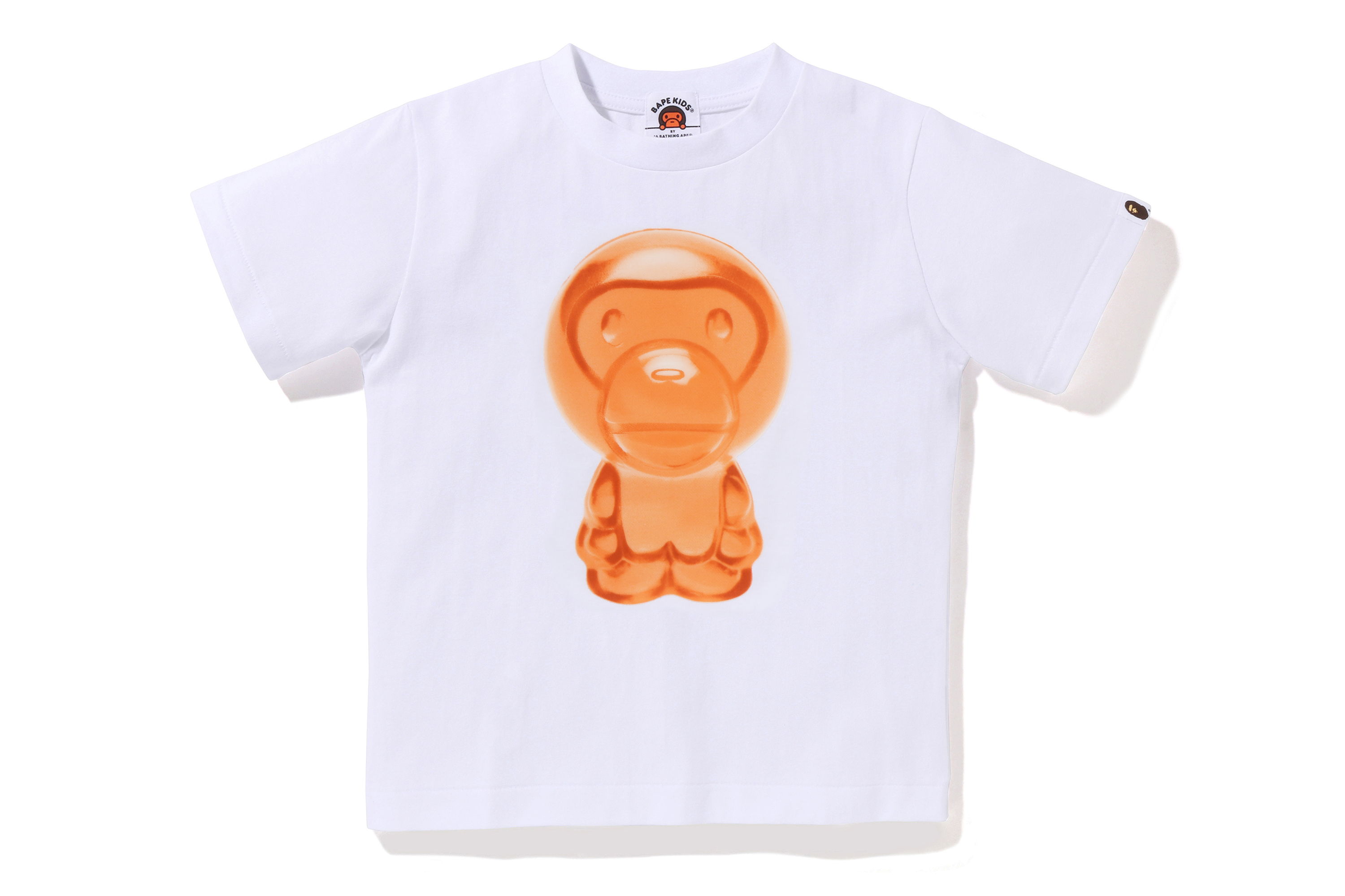 White t-shirt featuring an orange cartoon character design.