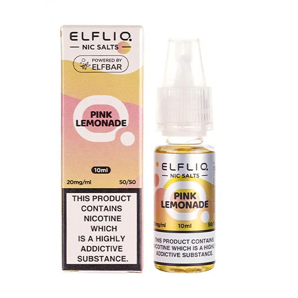 Bottle of pink lemonade e-liquid with packaging and warning label.