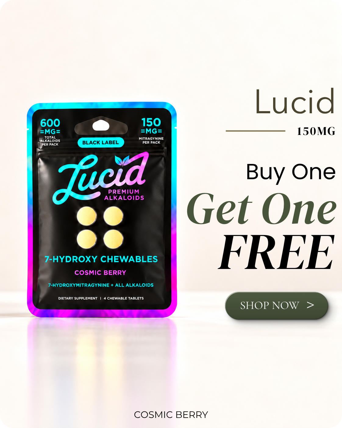 Lucid 150mg 7-Hydroxy Chewables, Cosmic Berry flavor, Buy One Get One Free.