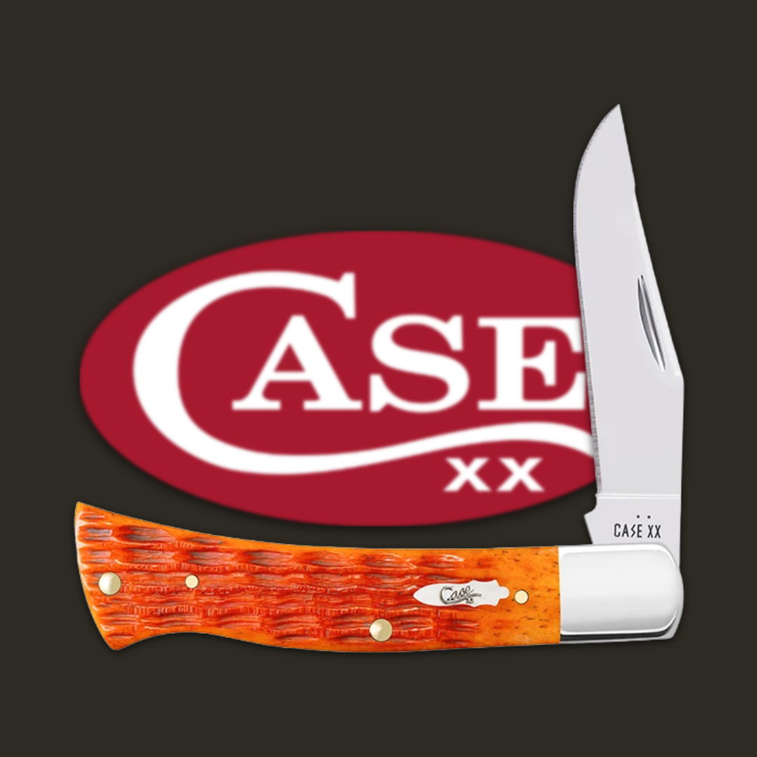 A Case knife with an orange handle and a stainless steel blade.