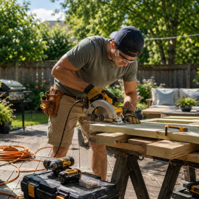 Person using a power saw on wooden planks outdoors.