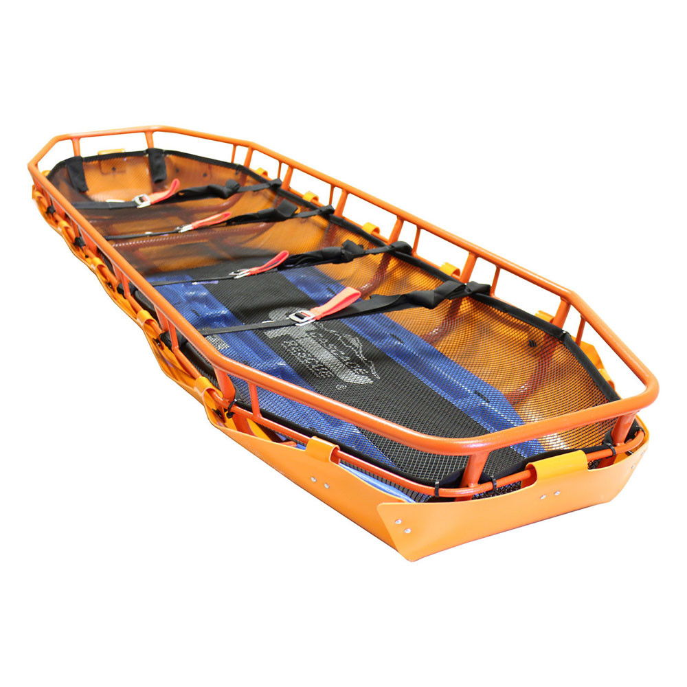 Orange rescue sled with a mesh bottom and safety straps.