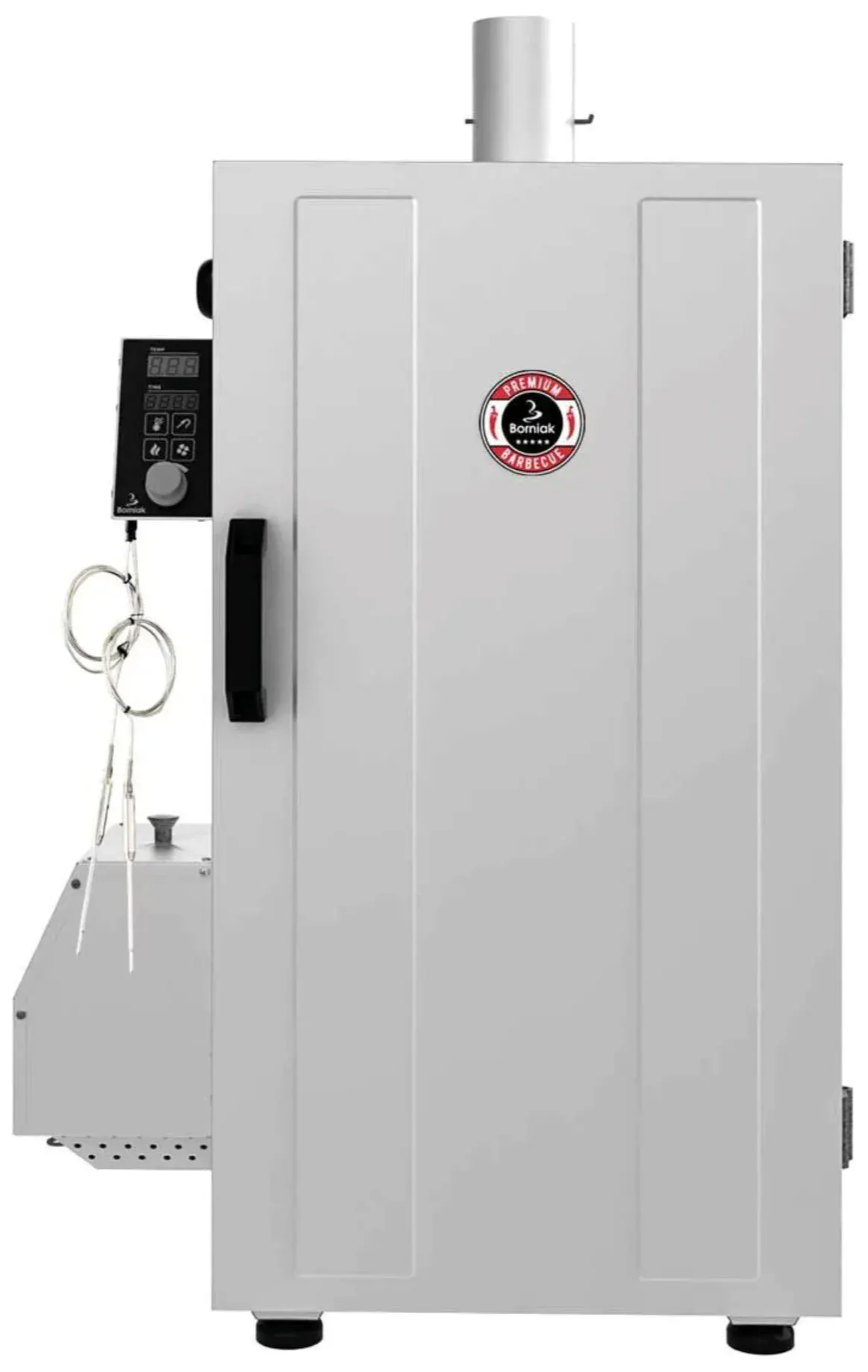 White vertical smoker with digital control panel and side accessory hooks.