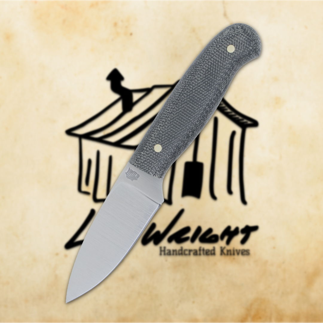 A knife with a gray handle and a logo background.